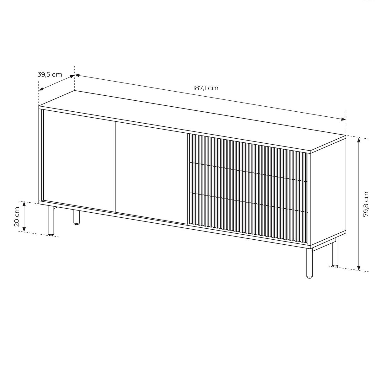 SIDEBOARD Trentinis 2T 3S Beige 187,1/41,4/39,5 cm – Geriffelte Fronten - Eichefarben, Holzwerkstoff/Metall (187.1/79.8/39.5cm) - AX Living