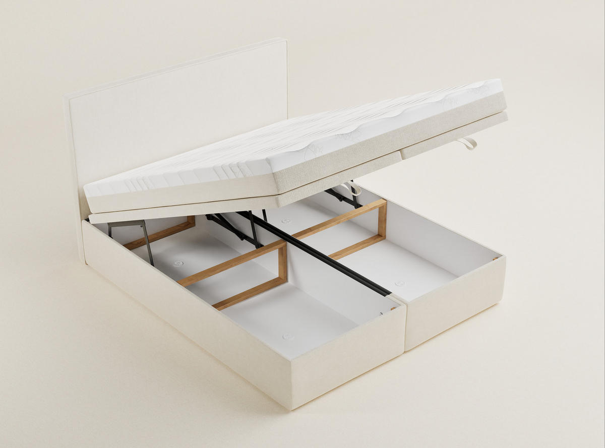 BOXBETT 140/200 cm Tegal, in Creme, Matratze, gepolstertes Kopfteil, Bettkasten, H3 = fest - Creme/Schwarz, Holz/Holzwerkstoff (140/200cm) - Maison de Reve