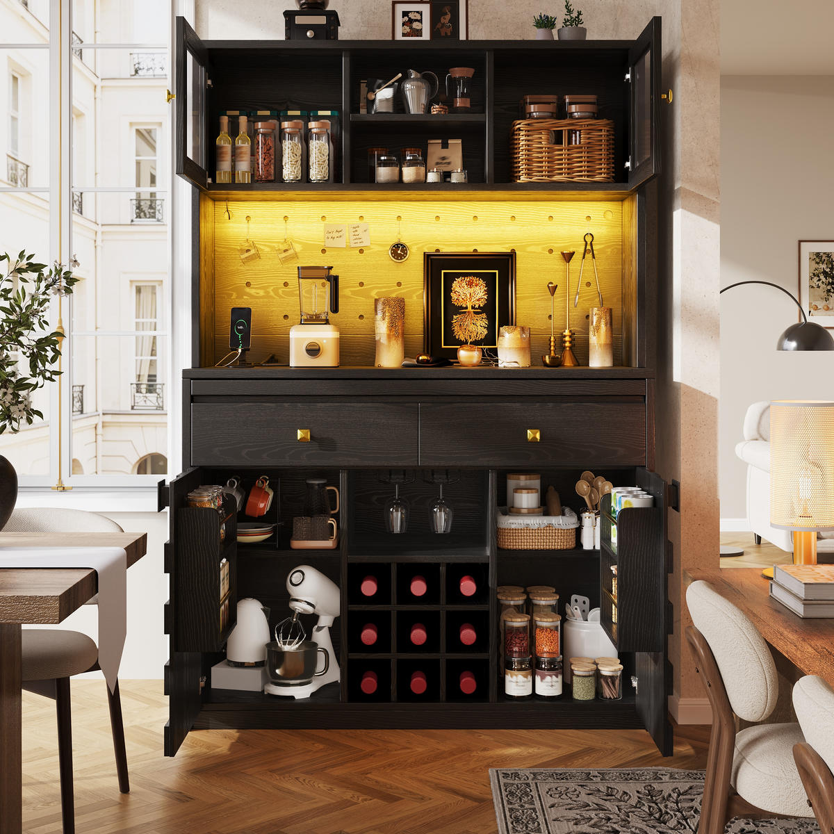 HIGHBOARD Schwarz 120×40×178 cm mit Acrylfront, RGB-LED, Lochwand und Weinflaschenhalter aus Holzwerkstoff und Acryl - Schwarz, Holzwerkstoff (120/178/40cm) - Luhomfu