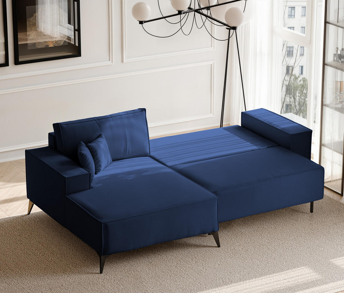 ECKSOFA OTIS Links, mit Schlaffunktion und Bettkasten, Marineblau - Dunkelblau, Textil/Metall (294/185cm) - Idohome