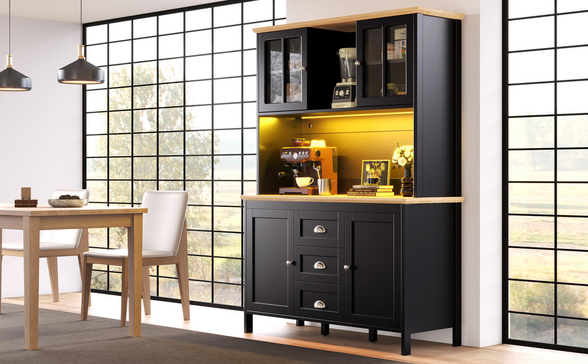 KÜCHENSCHRANK 120x40x179 cm, 4 Türen, 3 Schubladen, LED-Beleuchtung, Schwarz - Schwarz, Holzwerkstoff (120/179/40cm) - FOHERE