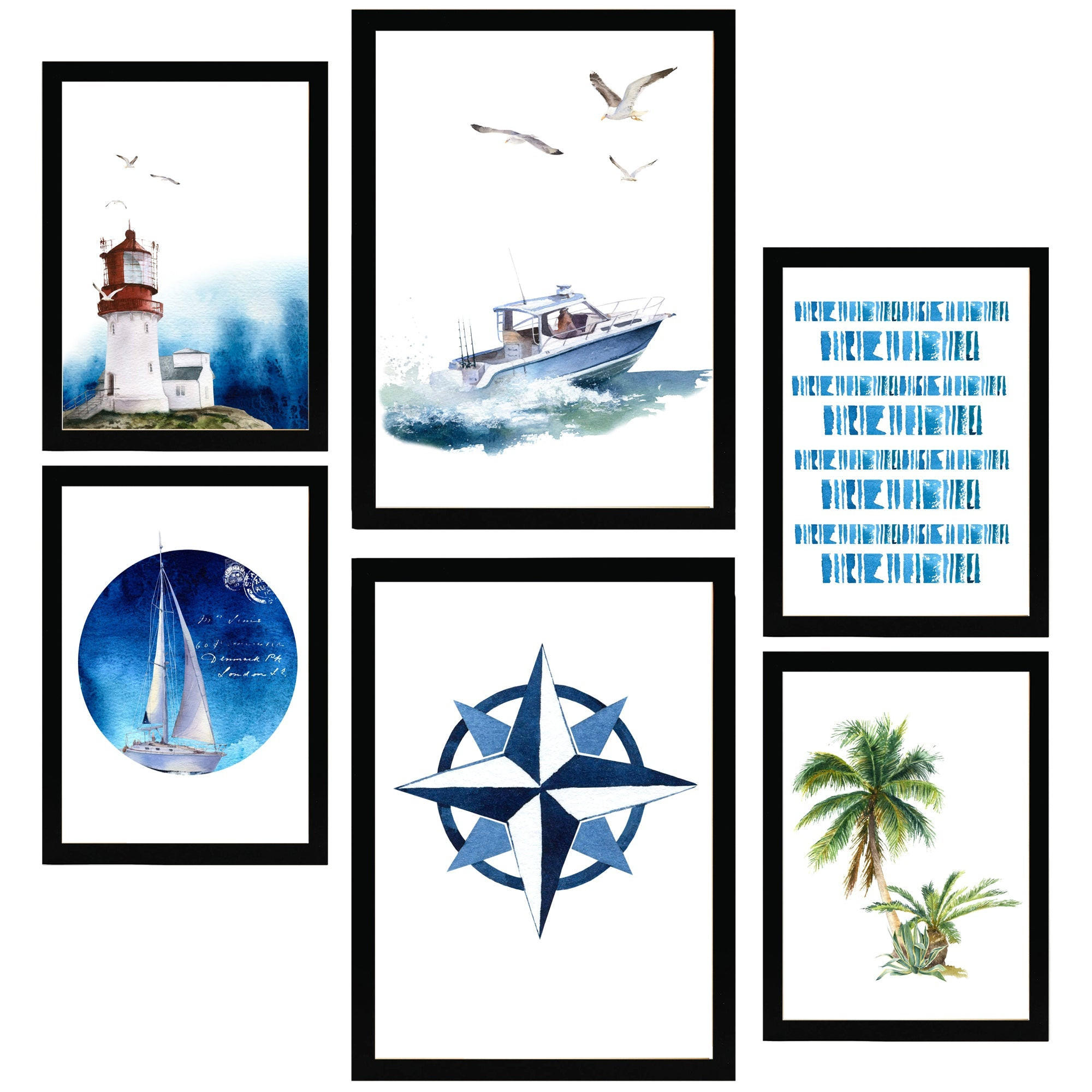 POSTER Set Mit 6 Komposition Meer Und Strand A3 & A4 Schwarzer Rahmen - Schwarz, Papier (29/3cm) - Nacnic