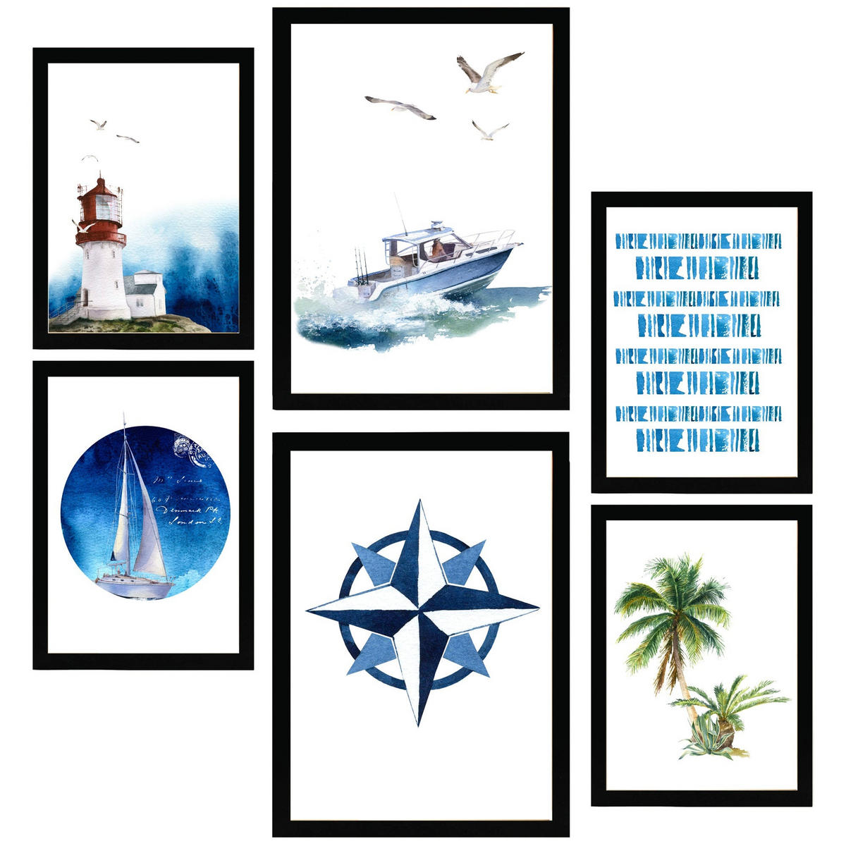 POSTER Set Mit 6 Komposition Meer Und Strand A3 & A4 Schwarzer Rahmen - Schwarz, Papier (29/3cm) - Nacnic