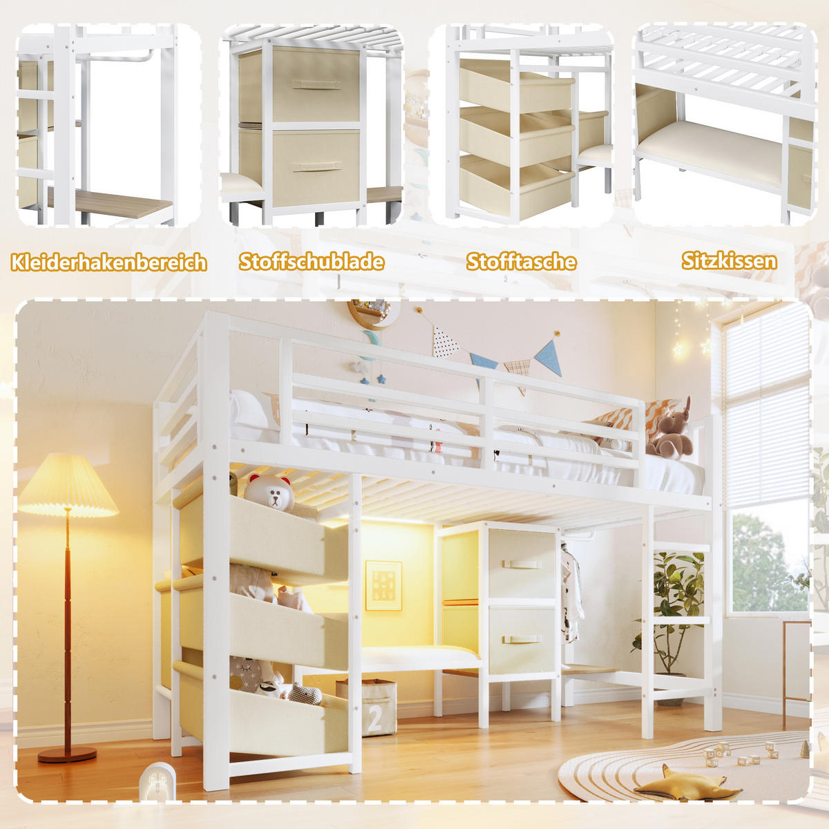 HALBHOHES BETT 90x200cm Weiß Metall LED-Licht Sitzkissen - Weiß, Metall (90/200cm) - FLIEKS