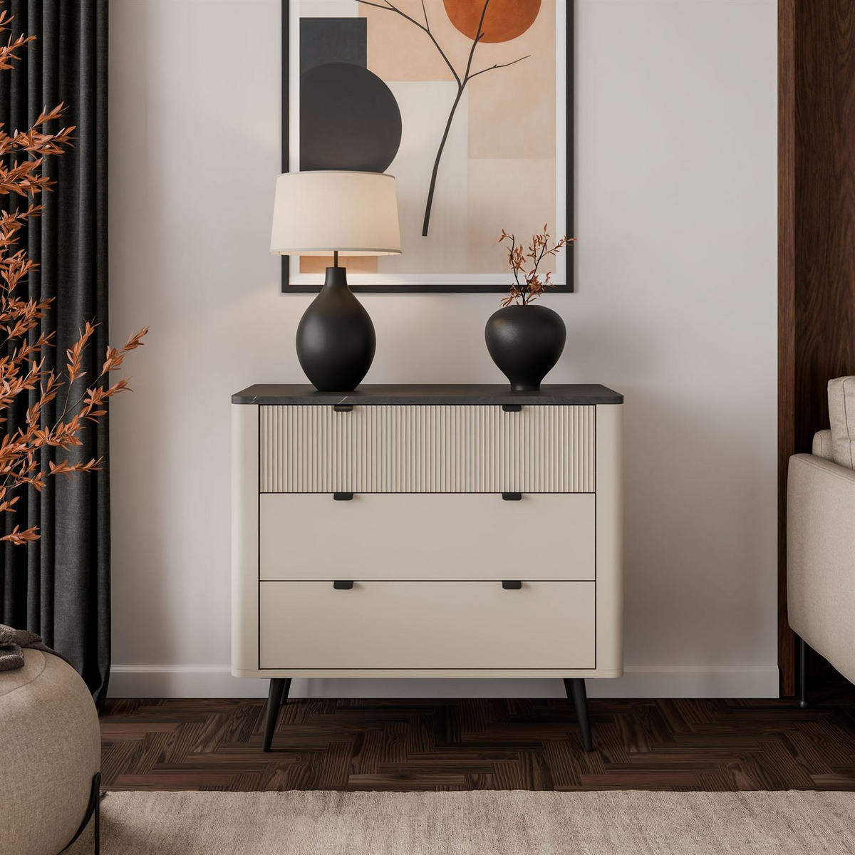 KOMMODE für das Wohnzimmer AUTUMN 3S auf hohen Beinen, Kaschmir / Grauer Stein - Beige, Holzwerkstoff (90/82/40cm) - Lookway