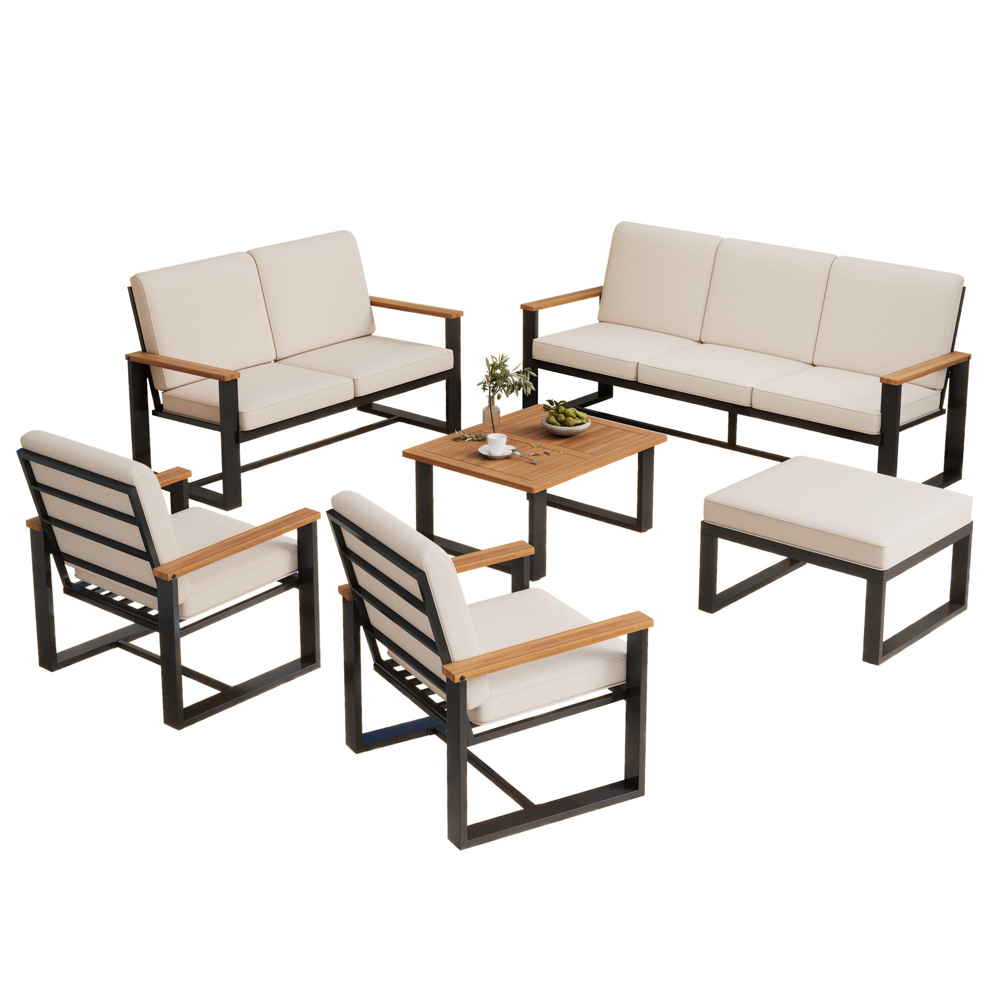 GARTENMÖBEL-SET mit 3-Sitzer, 2-Sitzer, 2 Sesseln, Couchtisch und Hocker, Akazienholz und verzinkter Stahl, Beige - Beige, Metall - Redom