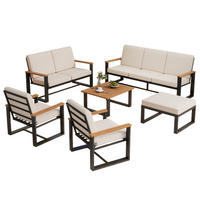 GARTENMÖBEL-SET mit 3-Sitzer, 2-Sitzer, 2 Sesseln, Couchtisch und Hocker, Akazienholz und verzinkter Stahl, Beige - Beige, Metall - Redom