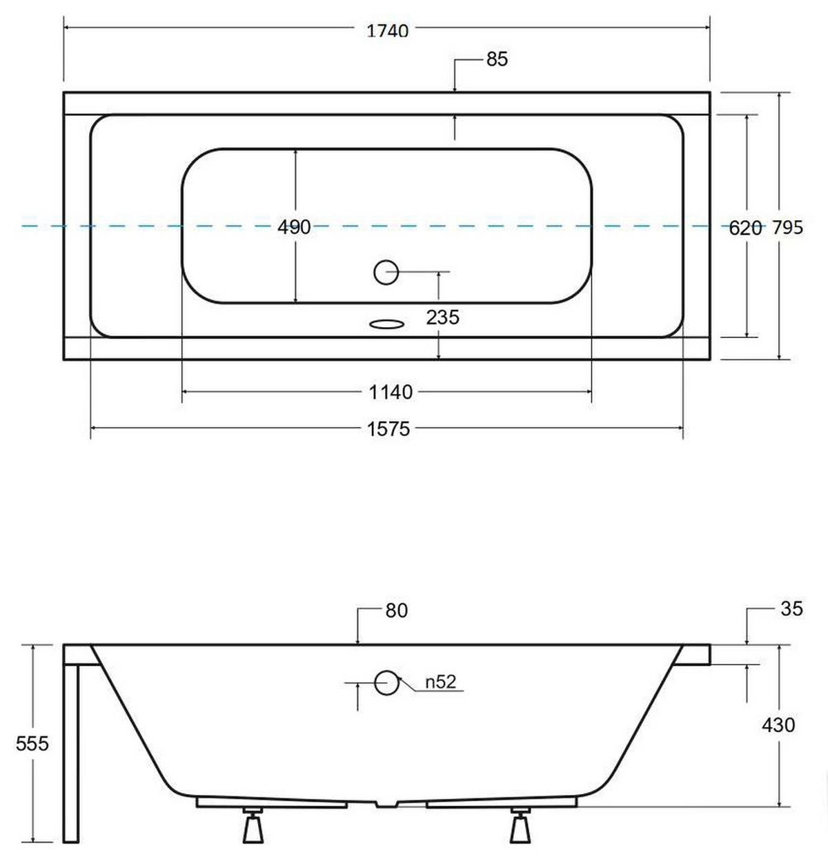 BADEWANNE Rechteck QUADRO 175/80 Ablauf & Füße - Weiß, Kunststoff (80/55.5/175cm) - bad land
