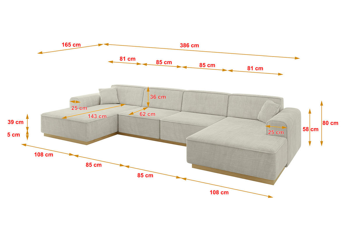 WOHNLANDSCHAFT IREA-U2-v2 - 386x165x80 cm Hellgrau - Ecru, Holzwerkstoff/Textil (386/80/165cm) - ALTDECOR