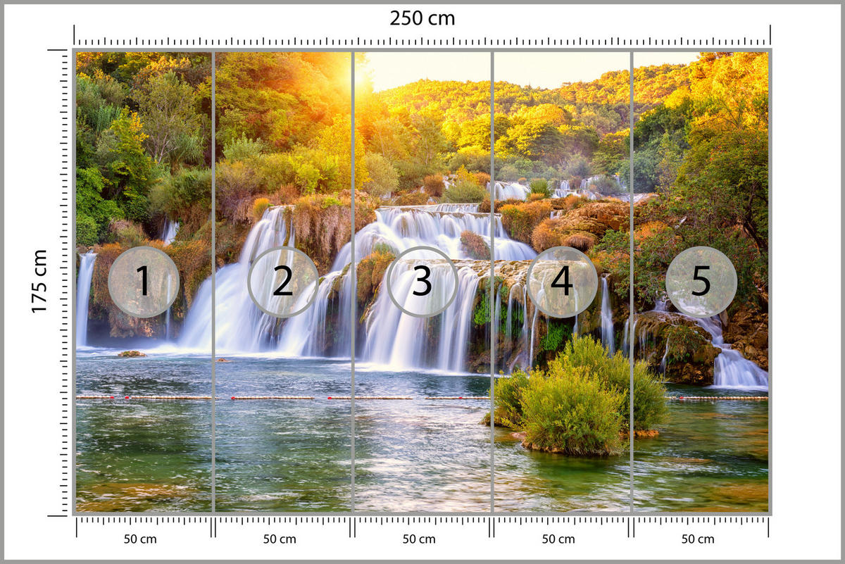 FOTOTAPETE für Esszimmer Wasserfall Sonnenaufgang Morgenlicht Bäume 250x175 - Gelb/Beige, Papier (250/175cm) - Muralo