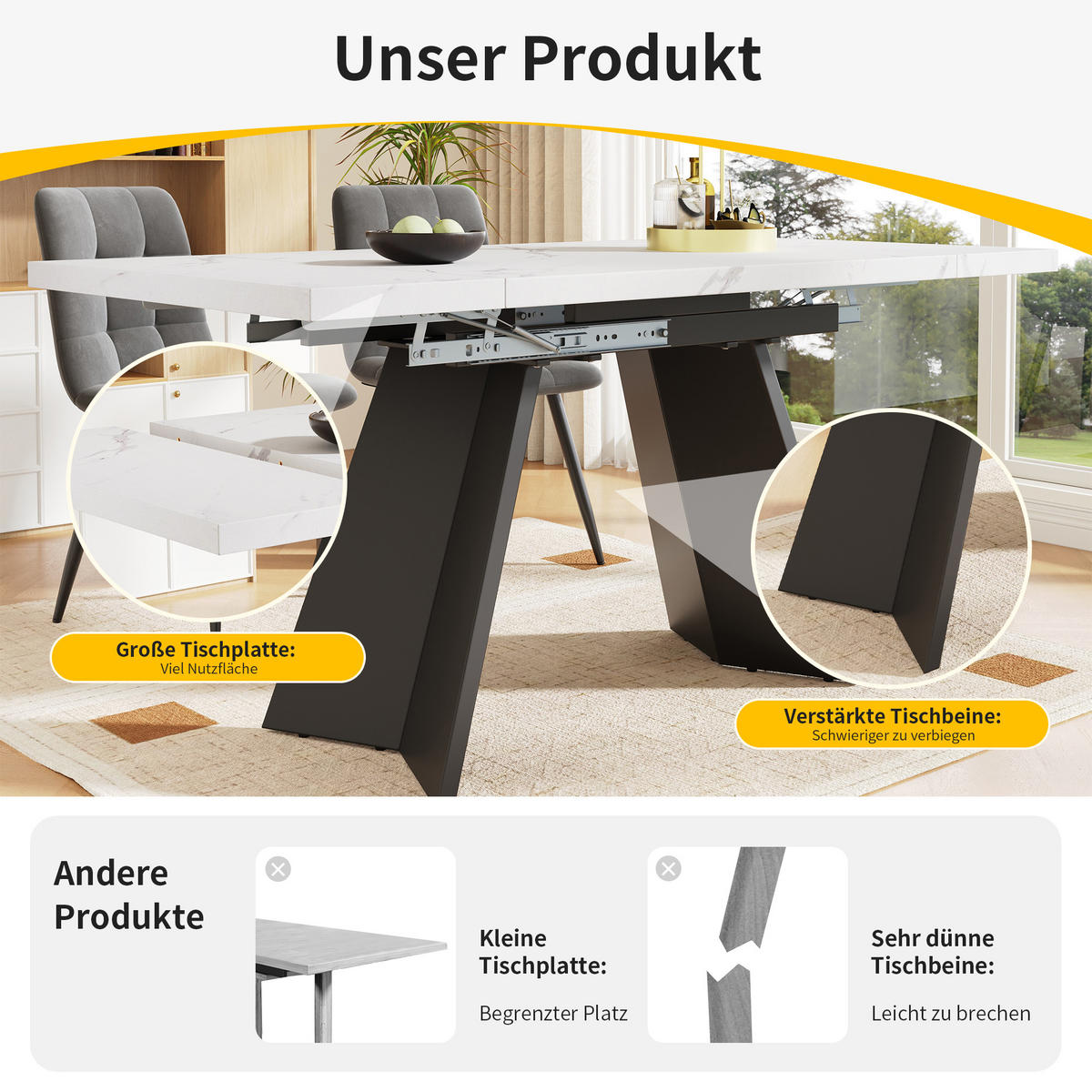 ESSTISCH ausziehbar, MDF in Marmoroptik mit Metallgestell, 99-159/74/77 cm, Weiß/Schwarz - Weiß, Holzwerkstoff (159/74/77cm) - Redom