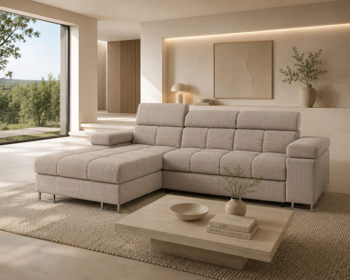 ECKSOFA COMODO Links mit Schlaffunktion & Bettkasten Beige - Beige, Textil (203/271cm) - KS Home Concept