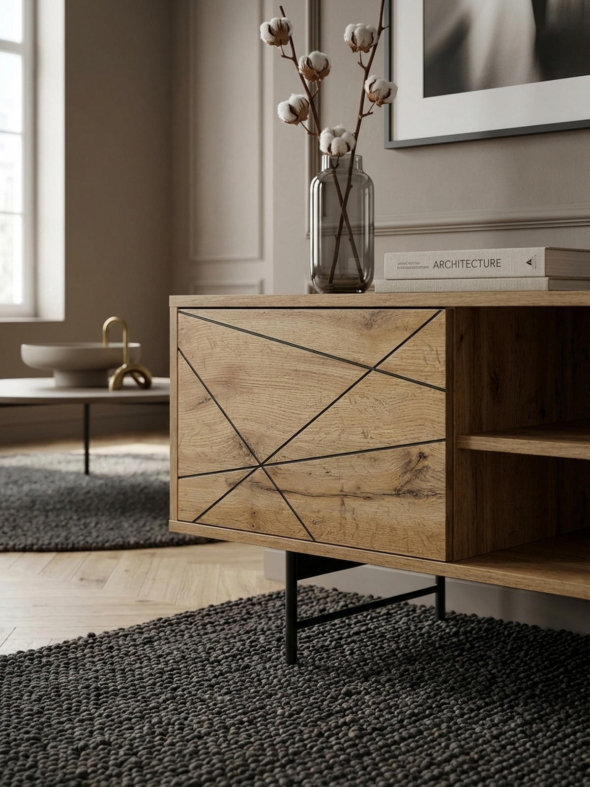 LOWBOARD Eiche-Dekor Modern Stil 160 cm Breit mit Linienmuster - Schwarz/Braun, Holz/Metall (160/45/40cm) - KADIMA DESIGN