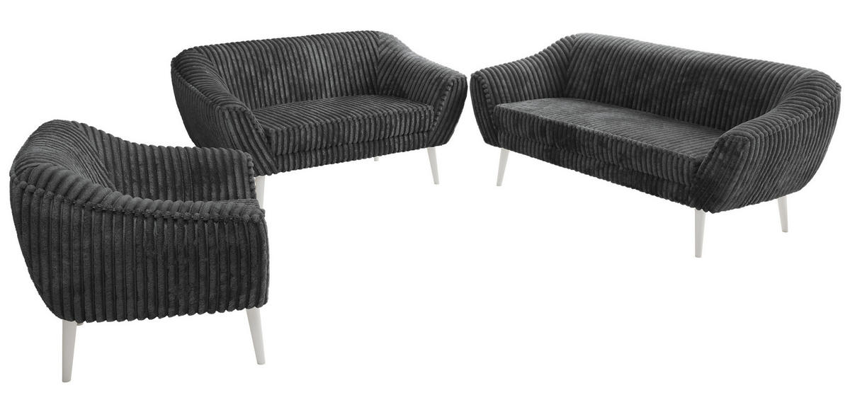 SITZGARNITUR PIRS 3+2+1 - Grau Cord - Weiße Beine - Weiß/Grau, Holzwerkstoff/Textil (180/75/74cm) - MKS