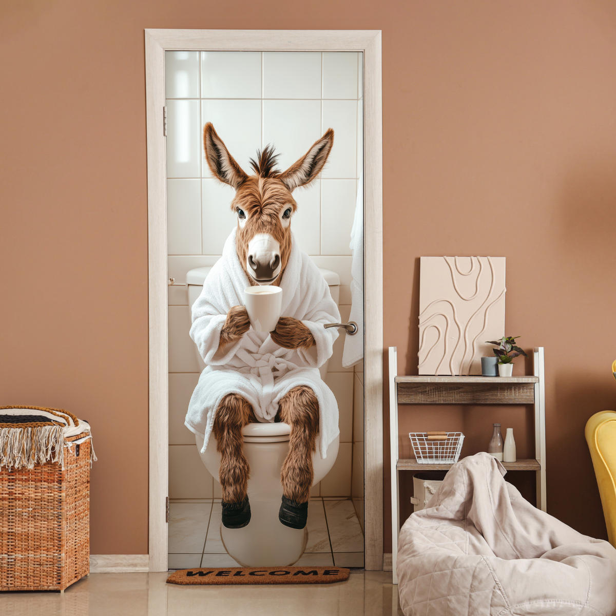 TÜRAUFKLEBER Selbstklebend - Esel - WC - Lustig - Bademantel - Tier 95x235 cm - Türtapete - Beige, Kunststoff (95/0.1cm) - MuchoWow