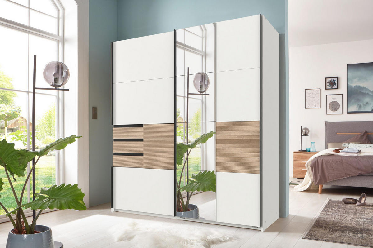 KLEIDERSCHRANK Bremen in Weiß mit Absetzungen in Multiplex 180 x 198 x 65 cm (B/H/T) – Schwebetürenschrank mit Spiegel - Weiß, Holzwerkstoff (120/200/80cm)