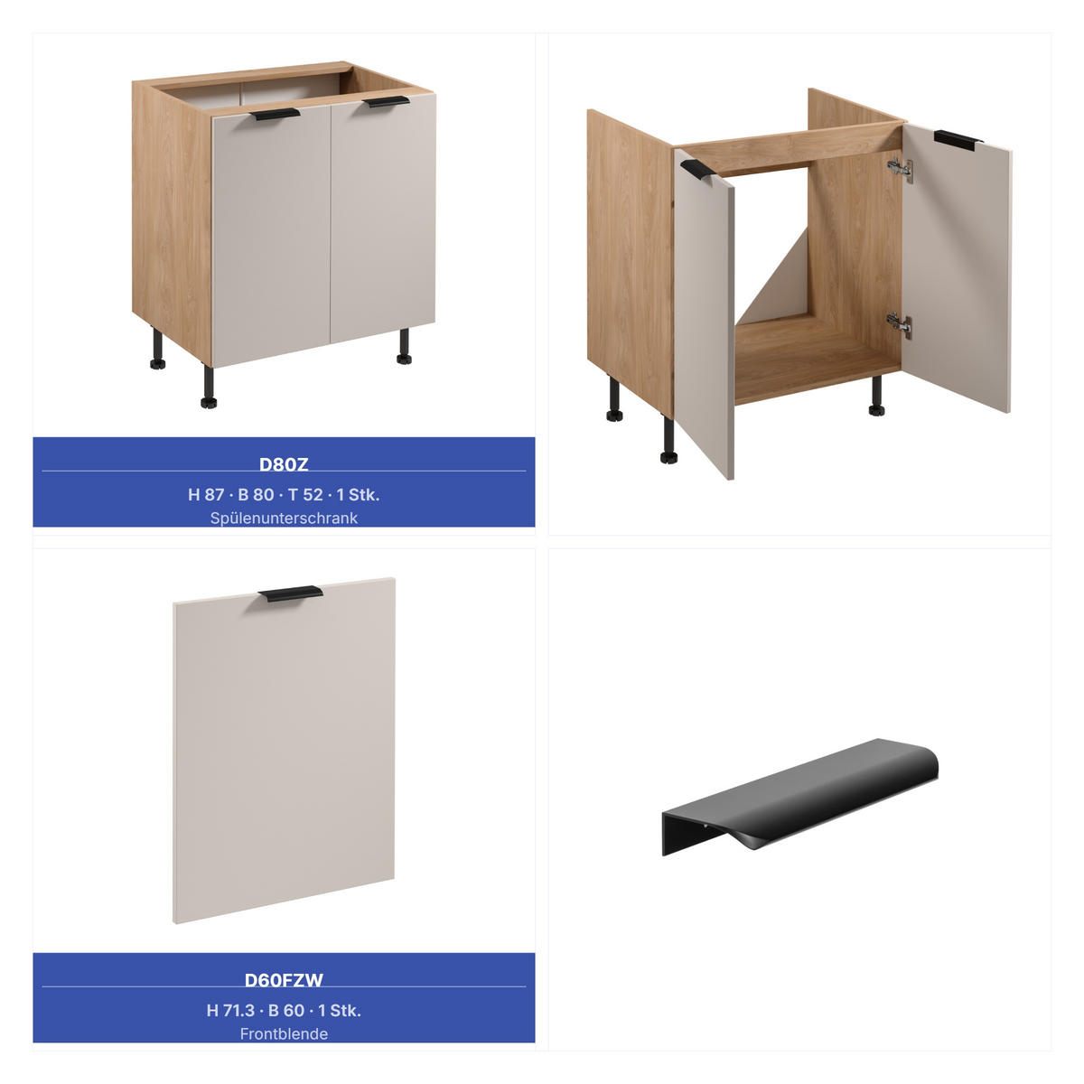 KÜCHENZEILE 515 cm - Sorento KS6-M515 - in Beige / Sonoma Eiche - Beige/Schwarz, Holz/Metall (515/247/58cm)