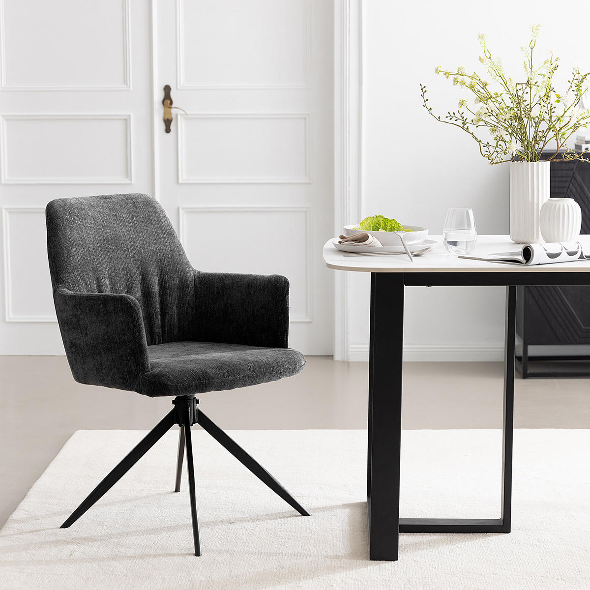 DREHBARER ARMLEHNENSTUHL - Grau - Chenille - Eisen - 59 x 87 x 65 cm - Grau, Textil/Metall (59/87/65cm) - home24