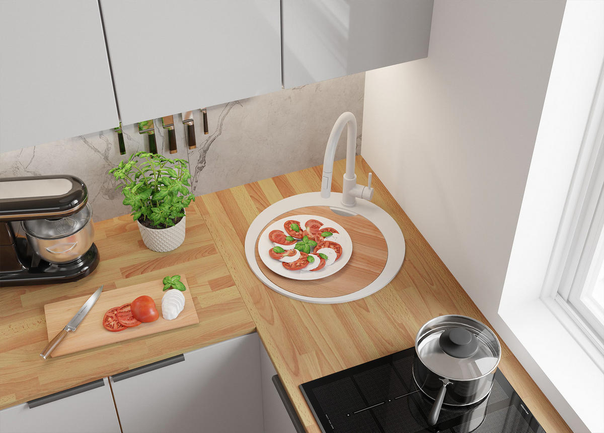 SPÜLBECKEN RUND Pisa, 2-er set Weiß 50/50 cm 1 Becken + Ablauf-Set + Schneidebrett ab 45er Unterschrank - Chromfarben/Beige, Kunststoff (50/20/50cm) - Primagran