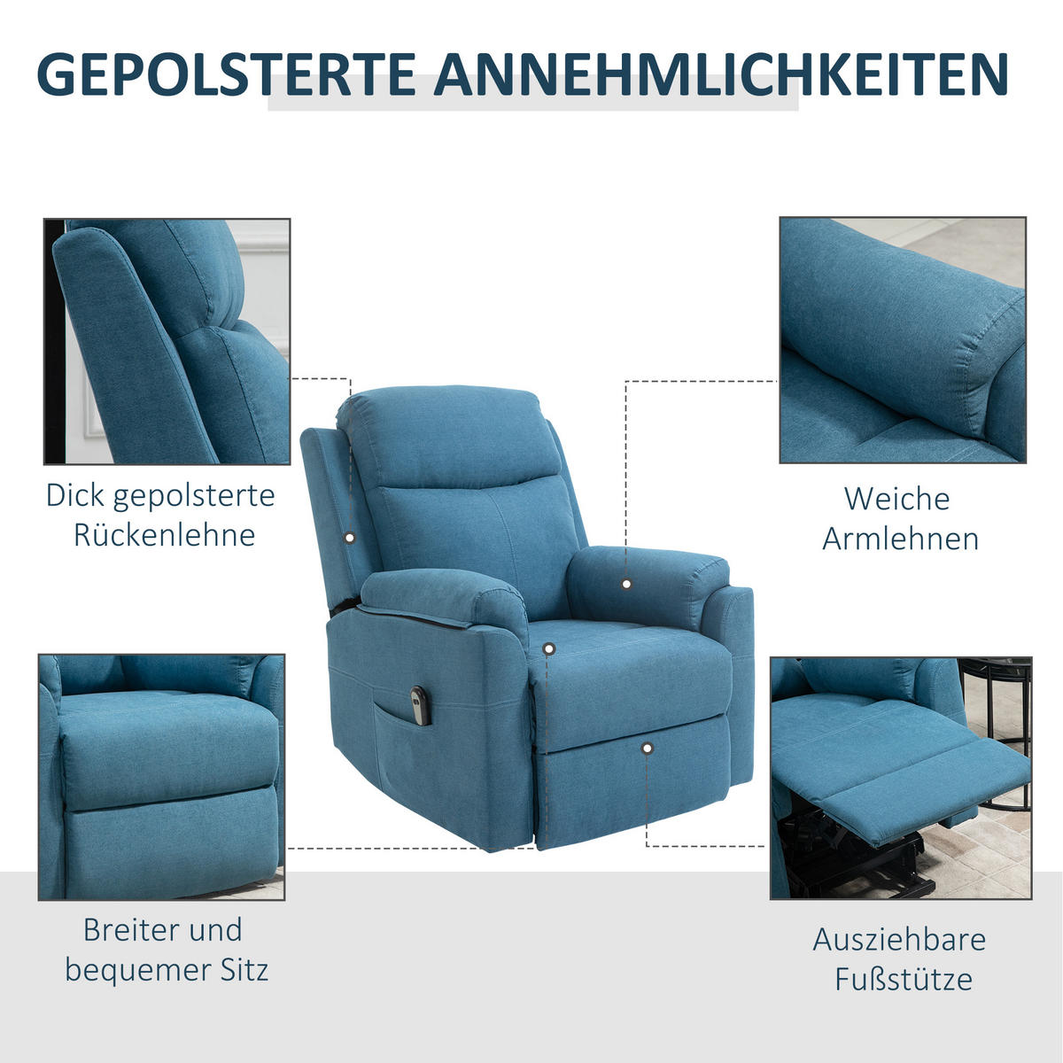 FERNSEHSESSEL mit Aufstehhilfe, Blau - Blau/Schwarz, Textil/Metall (89/102/83cm) - HOMCOM