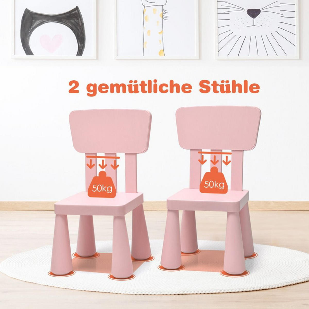 KINDERTISCH mit 2 Stühlen rosa(3-tlg) - Pink, Kunststoff (76.5/49.5/54.5cm) - COSTWAY