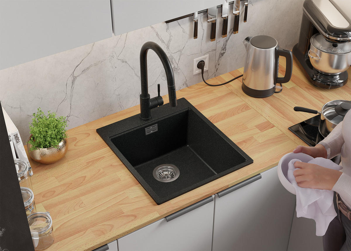 SPÜLBECKEN Oslo, 2-er set Anthrazit 43/50 cm 1 Becken + Ablauf-Set + Schneidebrett ab 45er Unterschrank - Chromfarben/Anthrazit, Kunststoff (43/20/50cm) - Primagran