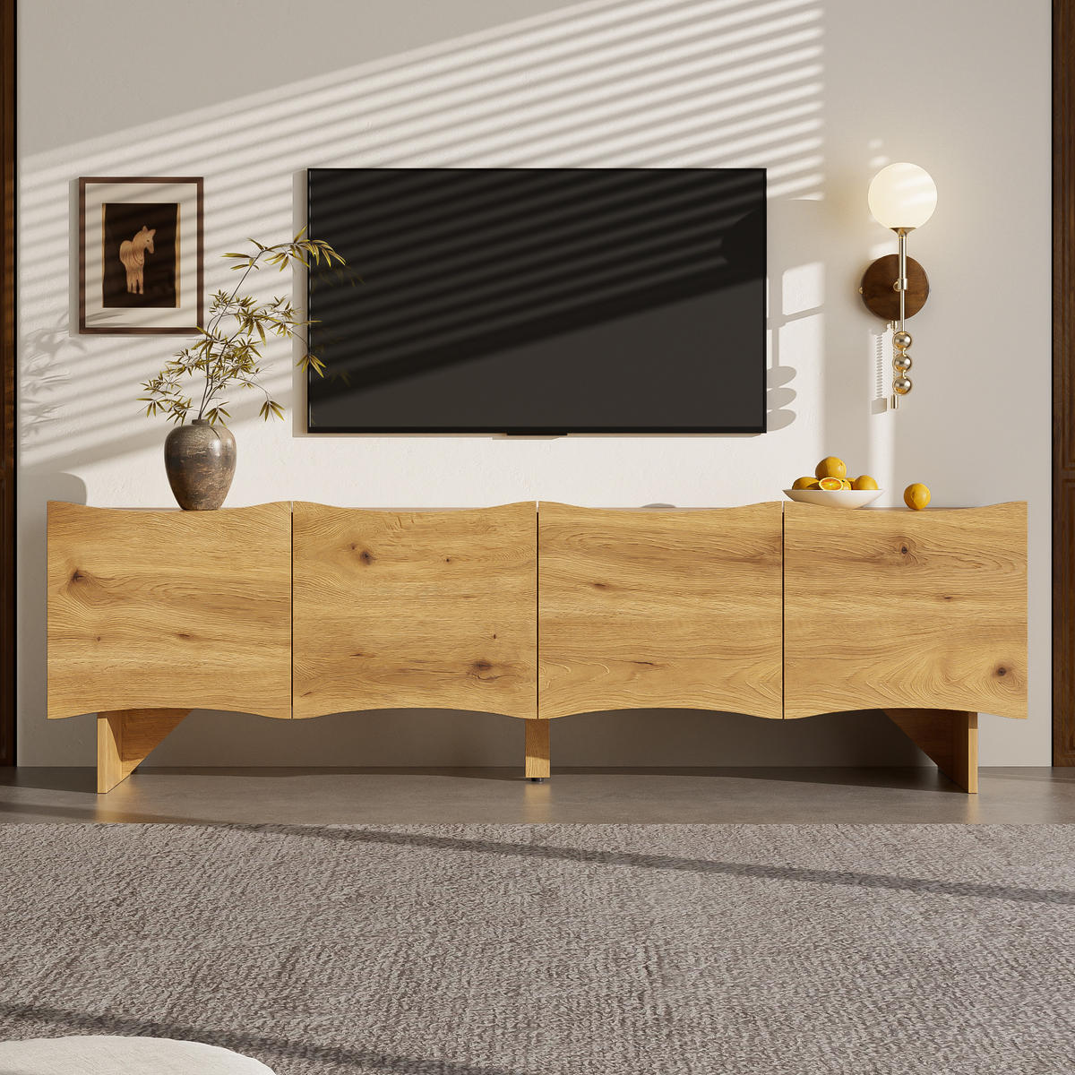 TV-SCHRANK 155cm Wellen 4 Türen Kabel Stauraum modern - Naturfarben, Holzwerkstoff (36/47/155cm) - FLIEKS