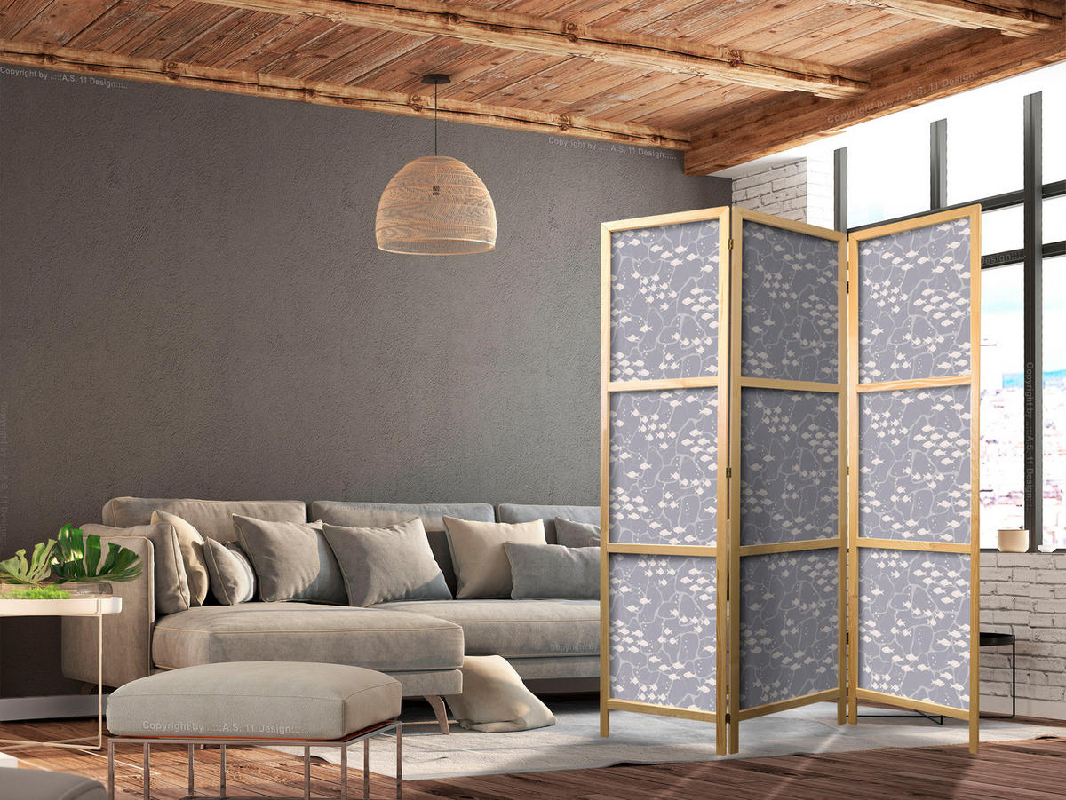 PARAVENT Japanischer 3-tlg 135x172 cm Fischschwarm - Grau, Holz/Textil (135/172/3cm) - Muralo