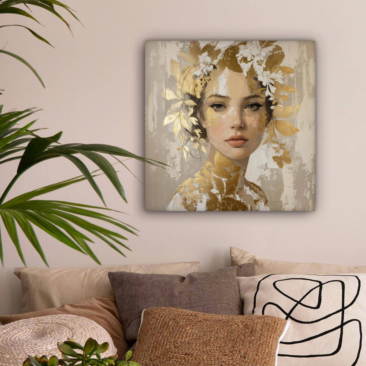 LEINWANDBILD Gesicht - Frau - Blätter - Gold Wandbild Wohnzimmer 50x50 cm - Beige, Textil (50/50cm) - MuchoWow