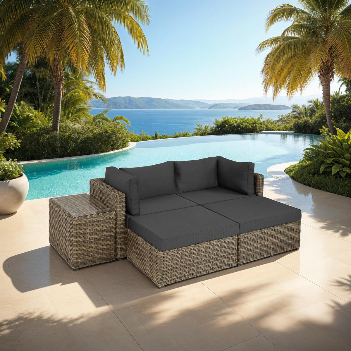 RATTANLOUNGE San Domino,mit Sicherheitsglasplatte,natur - Naturfarben, Kunststoff (72/63cm) - tectake