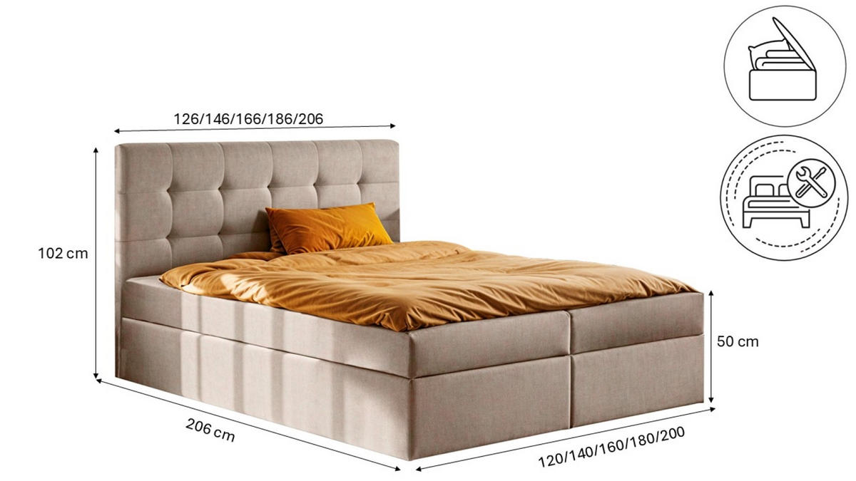BOXBETT Mit Matratze Und Bettkasten LUDANO Stoff Noel KaltesBeige 180x200 cm H2-Pocket - Weiß, Holz (180/200cm) - Kaiser Möbel