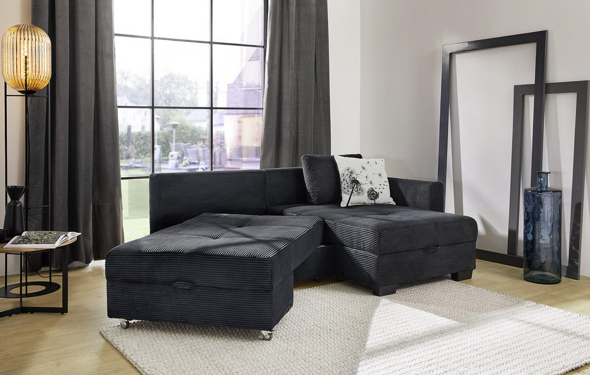 ECKSOFA Doppelbett mit Bettkasten, seitenverkehrt montierbar B247/T155/H87 cm, Liegefläche 183x207 cm, Cord Schwarz / 15216 - Schwarz, Kunststoff/Textil (247/155cm) - luma-home