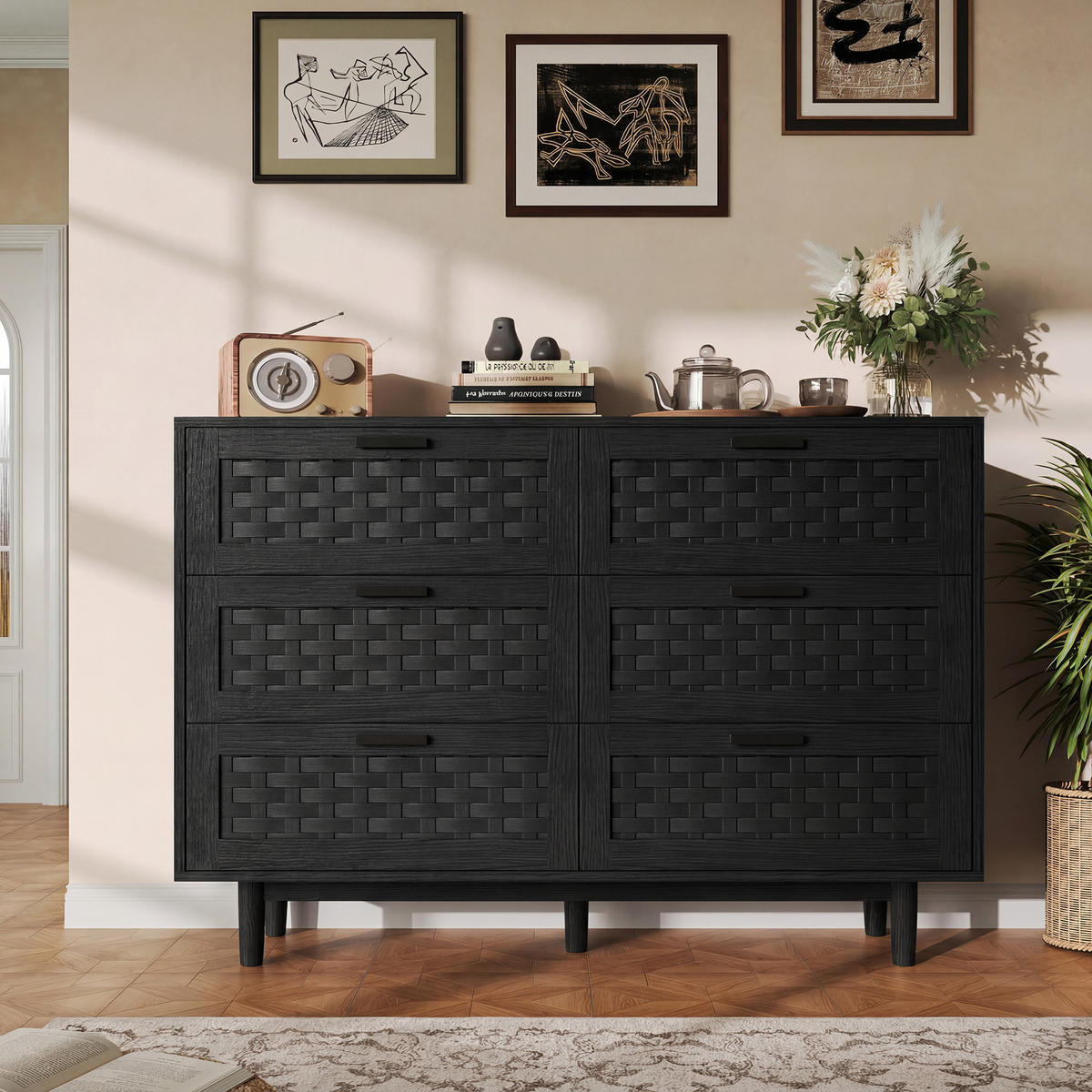 SIDEBOARD 115x40x80 cm Rattan 6 Schubladen schwarz - Schwarz, Holz (115/80/40cm) - LEBENLANG