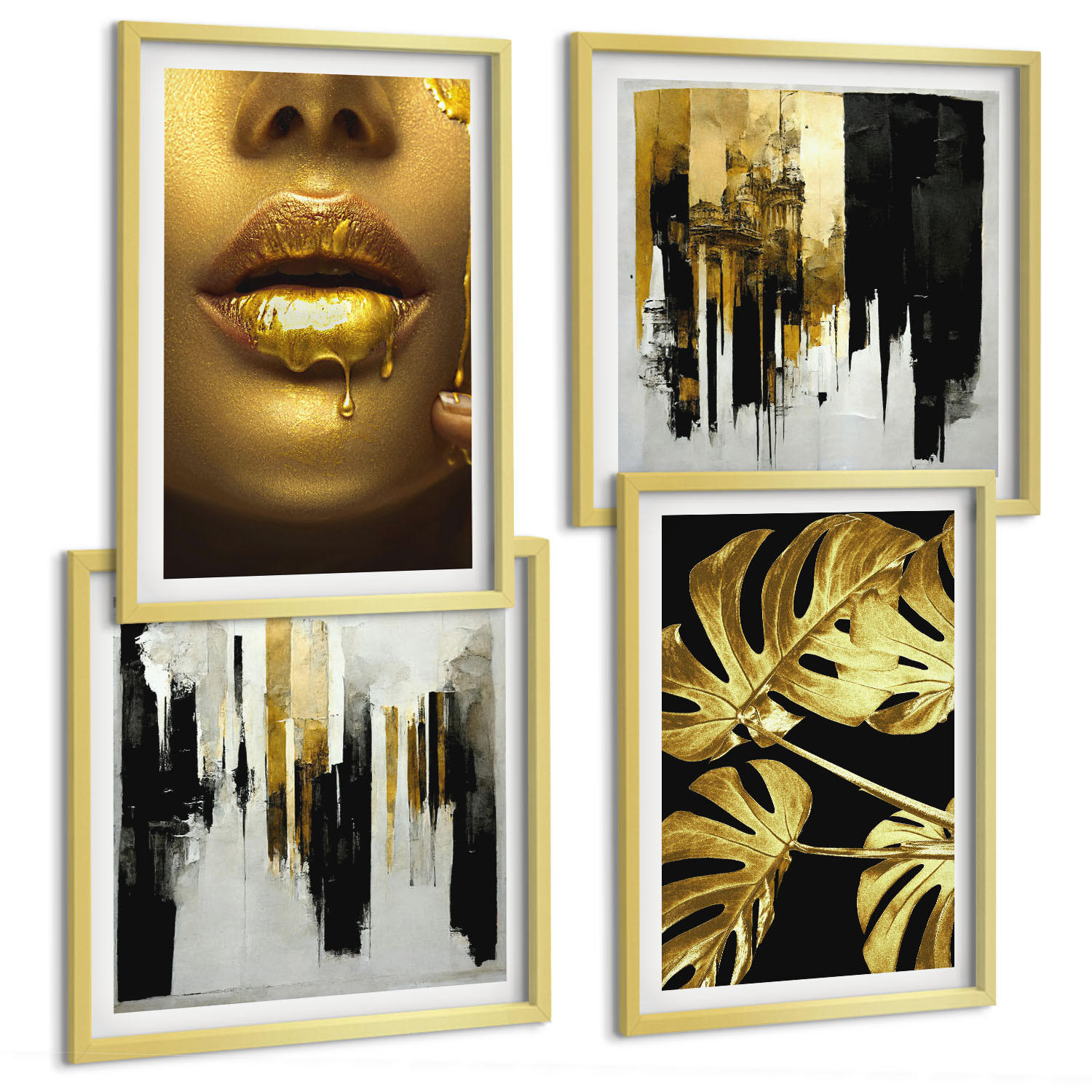 BILDER SET 4er Set - 50x50 cm & 40x60 cm Goldrahmen - Abstrakte Blattmalerei - Goldfarben, Kunststoff (50/50cm) - TULUP