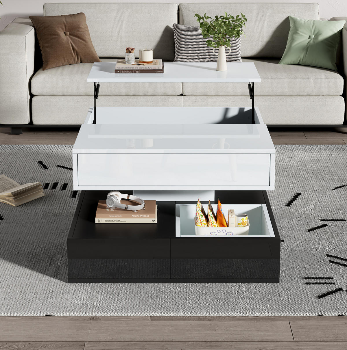 COUCHTISCH aus Spanplatte 70x70x40 cm Schwarz/Weiß mit 360° drehbarer, anhebbarer Tischplatte und 3 Schubladen - Weiß, Holzwerkstoff (70/70/40cm) - Modfu
