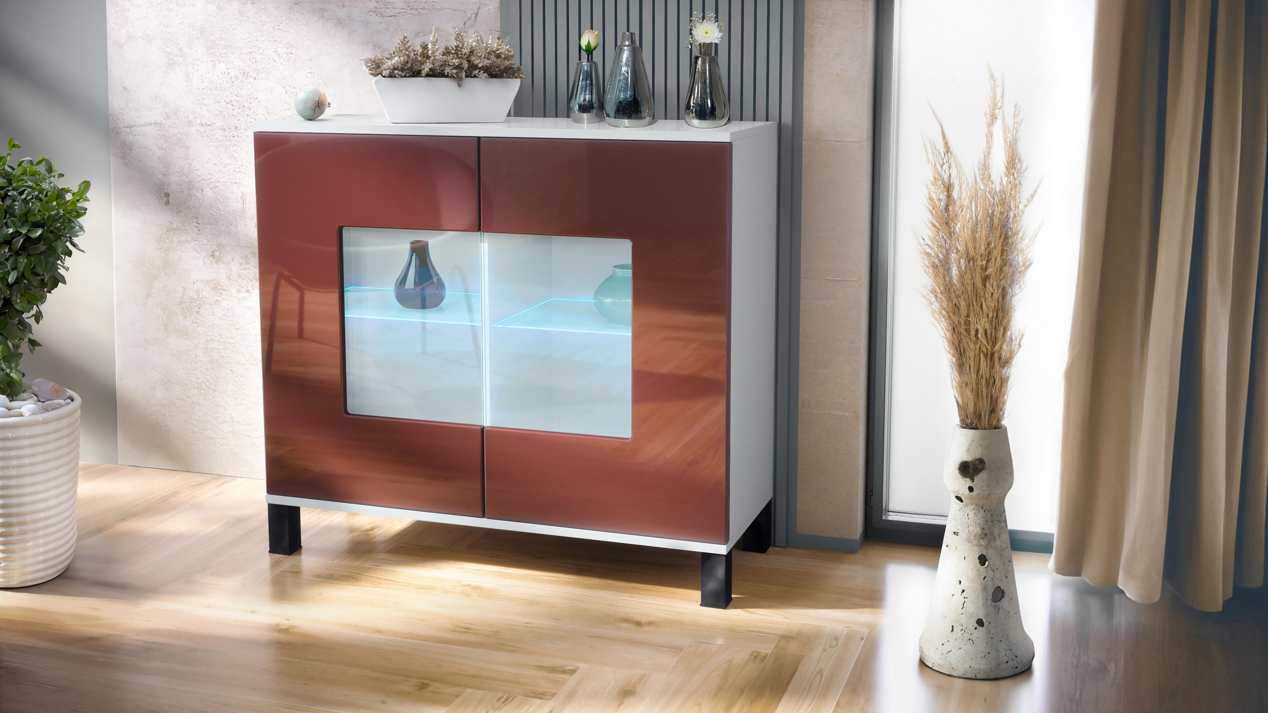 KOMMODE Grömitz Bordeaux Hochglanz - Bordeaux, Holzwerkstoff (92.5/84.5/35cm) - Vladon