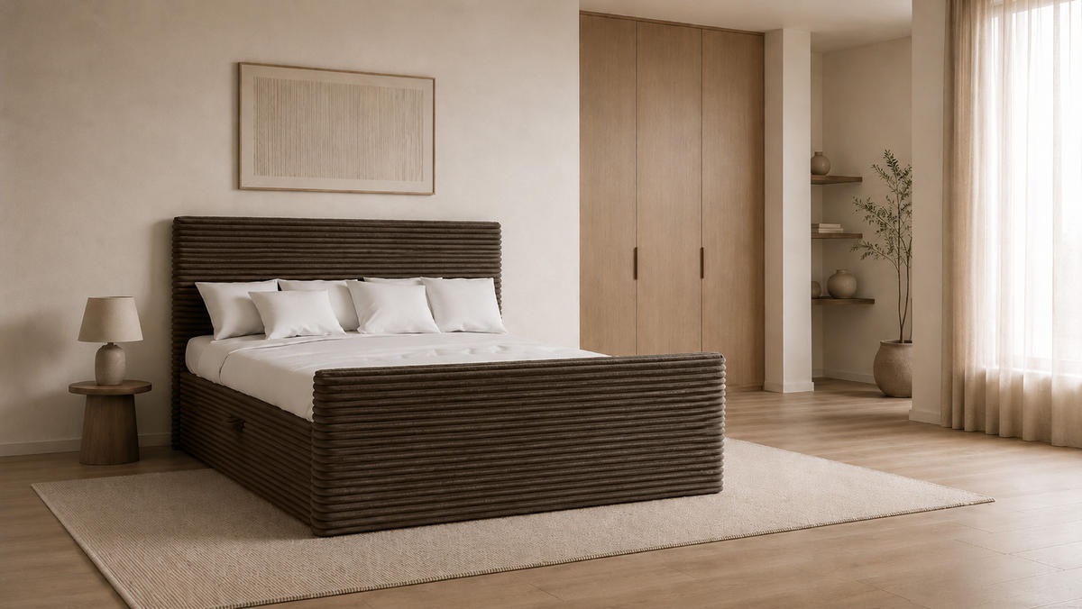 BOXBETT Mit Bettkasten Und Topper TRENTO Stoff Plüsch Cord 200x200 cm Braun H2-Pocket - Braun, Holz/Textil (200/200cm) - Kaiser Möbel