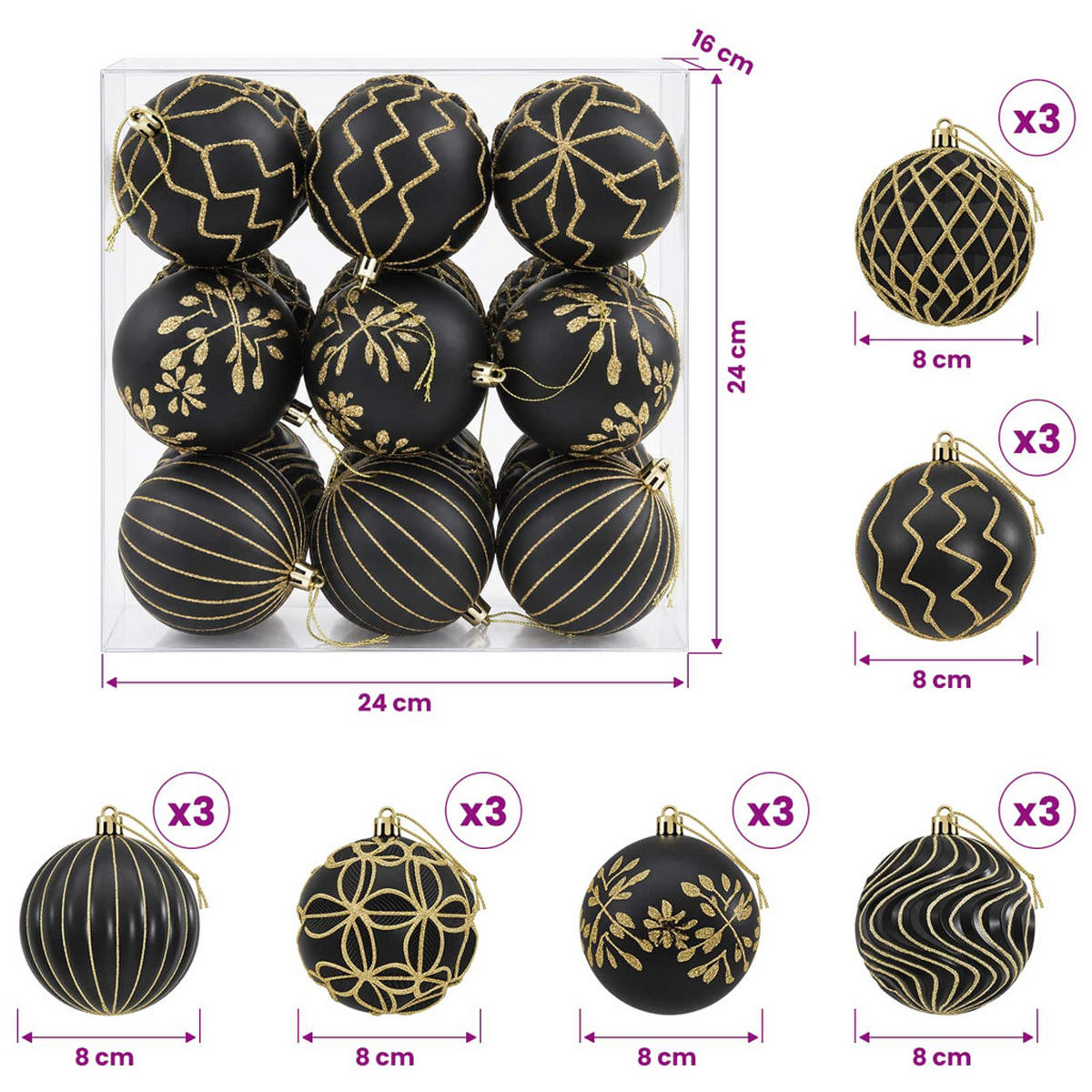 WEIHNACHTSKUGELSET XL 18 -teilig 8 cm Schwarz Polystyrol - Schwarz, Kunststoff (8/8/8cm) - vidaXL