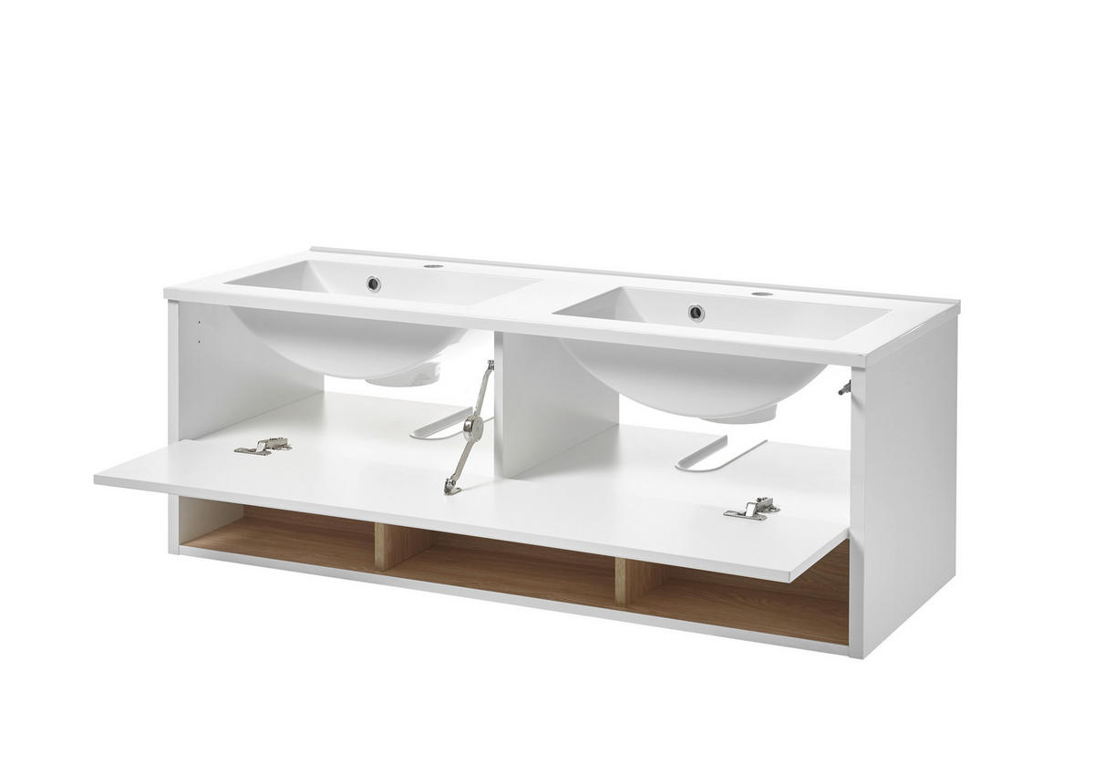 WASCHTISCH M20 Weiß Hochglanz & Eiche Dekor 120/44/47 cm mit Waschbecken - Weiß Hochglanz/Eichefarben, Holzwerkstoff (120/44/47cm) - Livojo