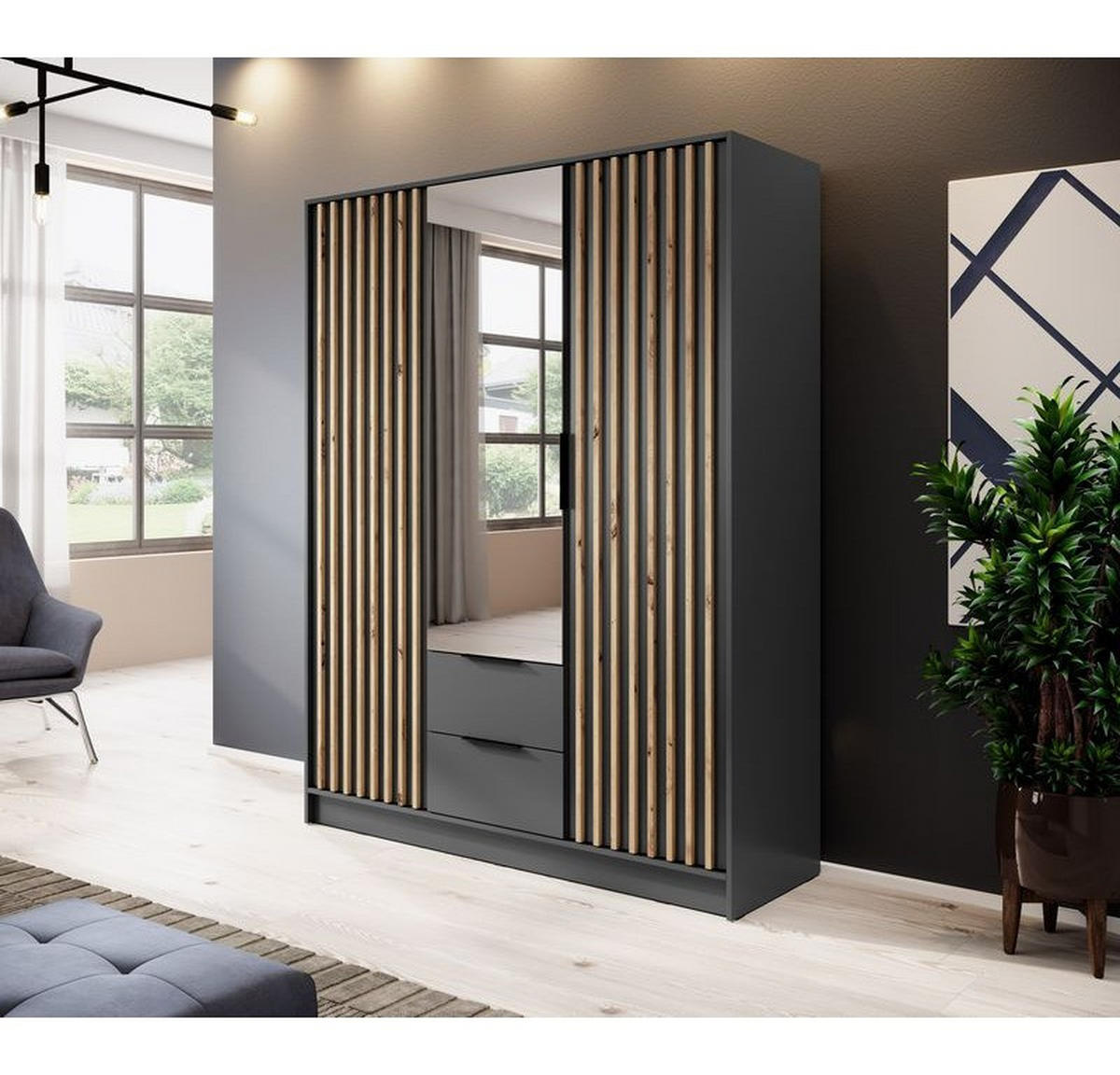 KLEIDERSCHRANK – 155 cm – Nelly – Graphitfarben - Graphitfarben, Holzwerkstoff (155/200/51cm) - hi-markt