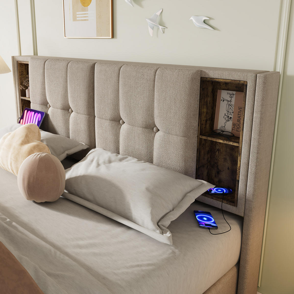 POLSTERBETT 160/200 cm Natürlich mit Kabellosem Laden und Stauraum - Naturfarben, Textil (160/200cm) - OKWISH