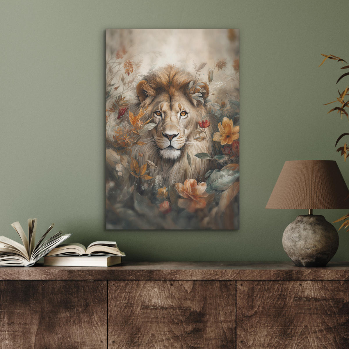 AKUSTIKBILD Löwe - Wildtiere - Pflanzen - Natur - Blumen Kunstdruck Schlafzimmer 50x70 cm - Beige, Kunststoff (50/70/0.9cm) - MuchoWow