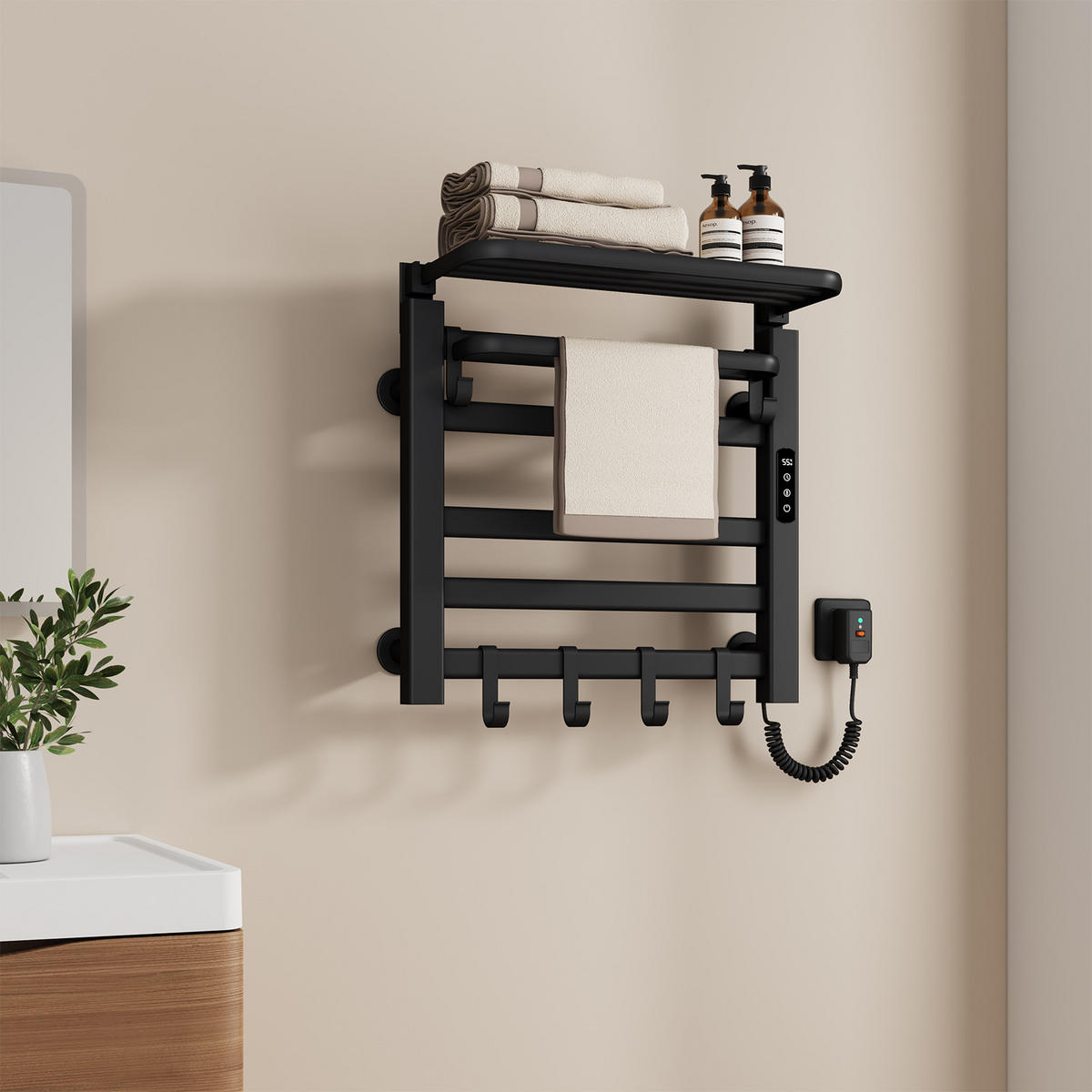 HEIZKÖRPER Elektrischer Handtuchhalter mit Ablage Schwarz 50/50/4,3 cm - Schwarz, Metall (50/50/25cm) - EMKE