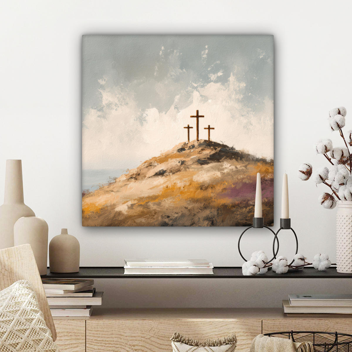 LEINWANDBILD Hügel - Abstrakt - Christentum - Kreuz Wandbild Wohnzimmer 50x50 cm - Hellgrau, Textil (50/50cm) - MuchoWow