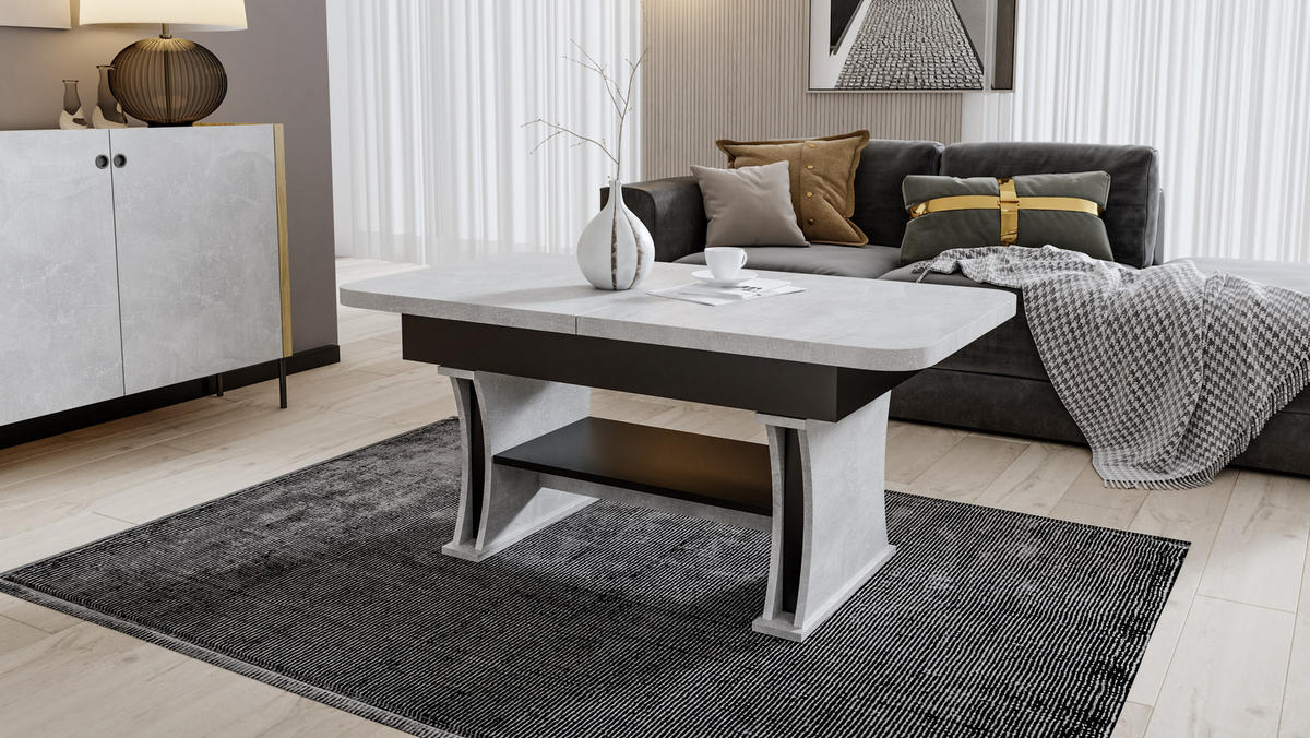 COUCHTISCH rechteckig Beton - Schwarz ausziehbar höhenverstellbar - Hellgrau/Schwarz, Holzwerkstoff (70/120/60cm) - designimpex