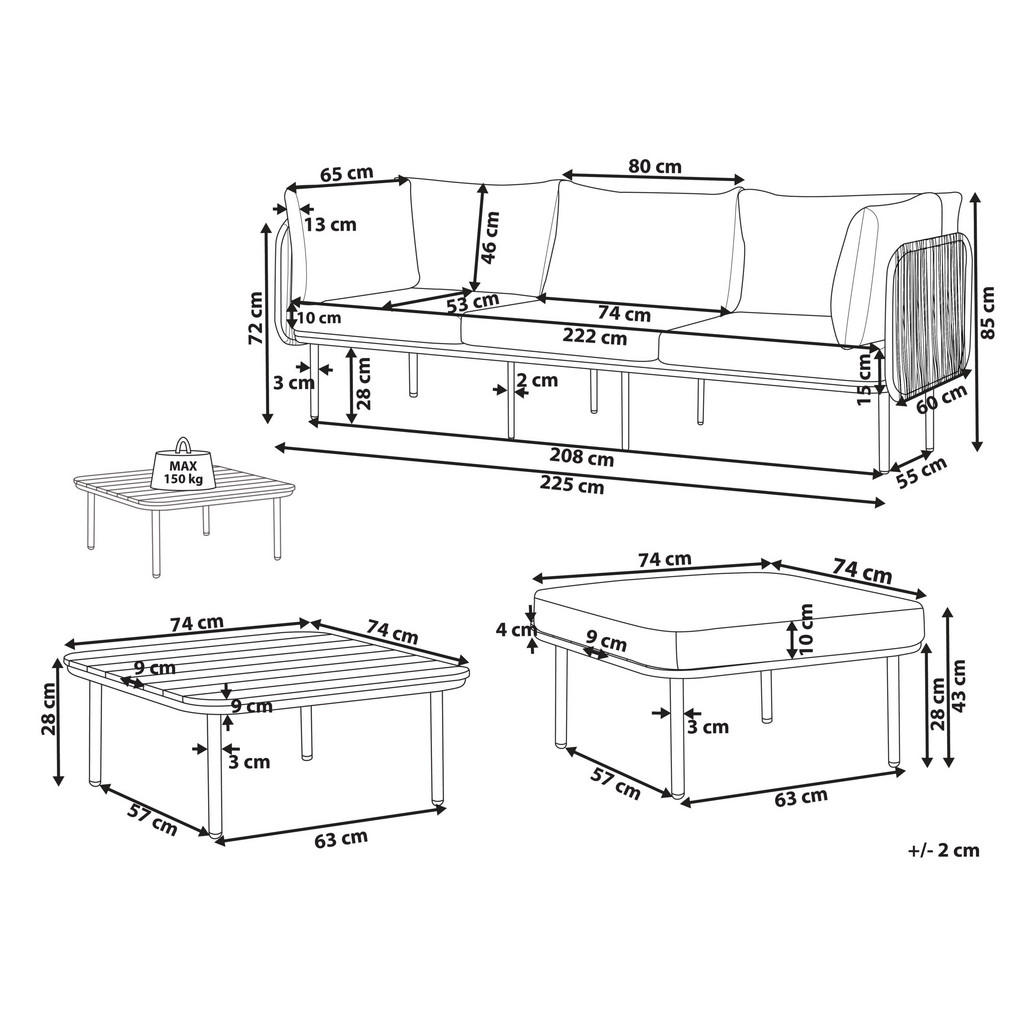 Thumbnail - Beliani Lounge-Set, Grau, Weiß, Hellbraun, Metall, quadratisch,L-Form, Loungemöbel, Loungemöbel-Sets