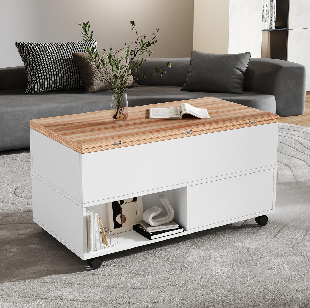 COUCHTISCH 100/50/52 cm weiß mit 4 Rollen und 4 Schubladen höhenverstellbar - Weiß, Holzwerkstoff (100/50/52cm) - OKWISH