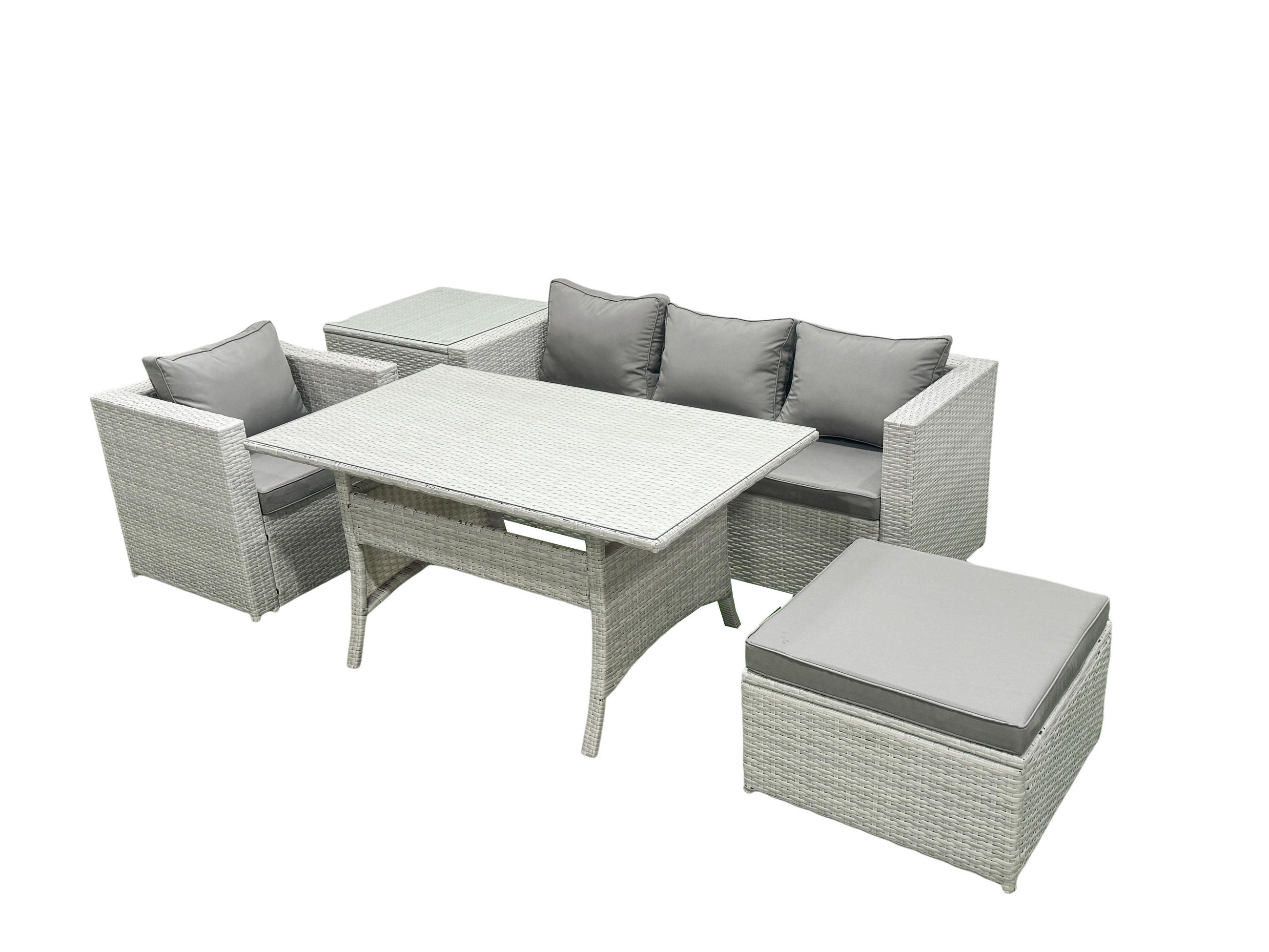 GARTENSET mit Esstisch,Sofa,Großer Hocker,Stuhl Polyrattan Hellgrau 5-Sitzer - Hellgrau/Grau, Glas/Kunststoff - Fimous