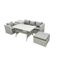GARTENSET mit Esstisch,Sofa,Großer Hocker,Stuhl Polyrattan Hellgrau 5-Sitzer - Hellgrau/Grau, Glas/Kunststoff - Fimous