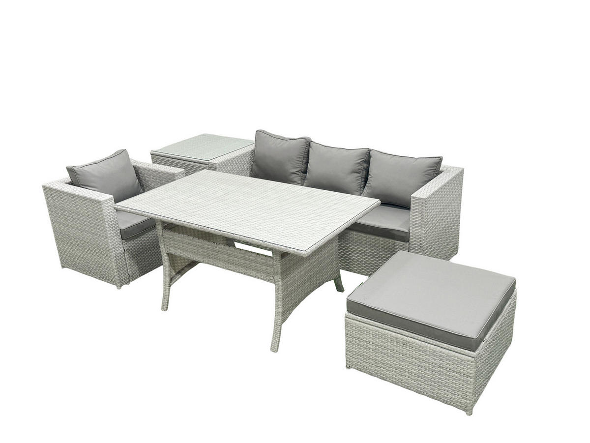 GARTENSET mit Esstisch,Sofa,Großer Hocker,Stuhl Polyrattan Hellgrau 5-Sitzer - Hellgrau/Grau, Glas/Kunststoff - Fimous